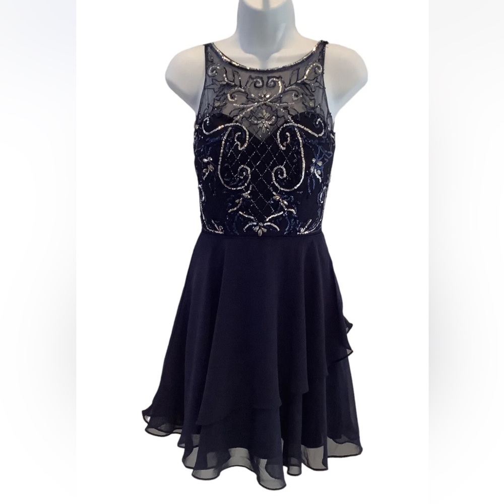 Blondie Nites Prom/Homecoming Dress Navy Blue Silver Blue Sequins Size 1 New